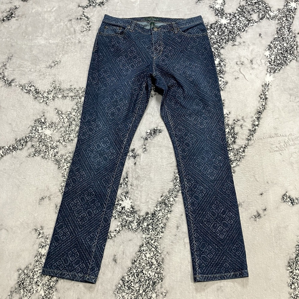 Lauren Ralph Lauren LRL Printed Denim Jeans‎ Blue Geometric Straight Leg 12